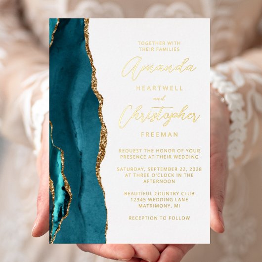 Invitation En Aluminium Mariage de script Agate Turquoise Blue Gold
