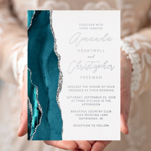 Invitation En Aluminium Mariage de script Agate Turquoise Blue Silver