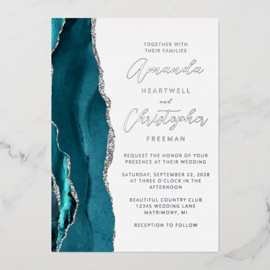 Invitation En Aluminium Mariage de script Agate Turquoise Blue Silver (Recto)