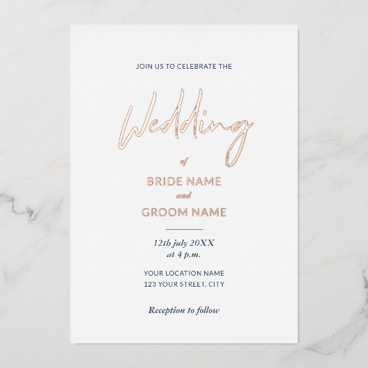 Invitation En Aluminium Mariage de script bleu marine minimal (Recto)
