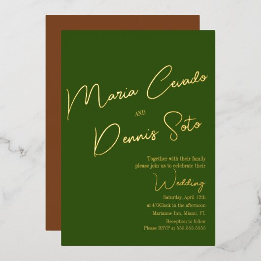Invitation En Aluminium Mariage de script Brown vert botanique (Recto/Verso)