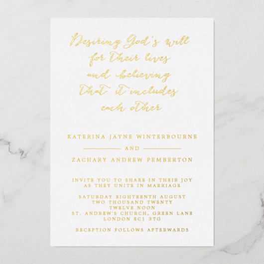 Invitation En Aluminium Mariage de script chrétien blanc et or (Recto)