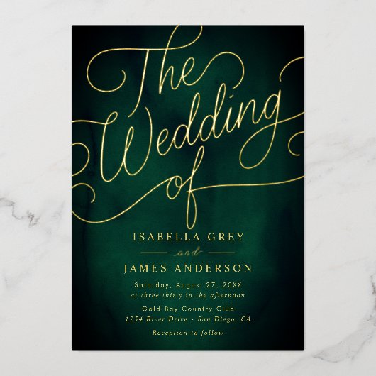 Invitation En Aluminium Mariage de script de calligraphie Emerald Gold (Recto)