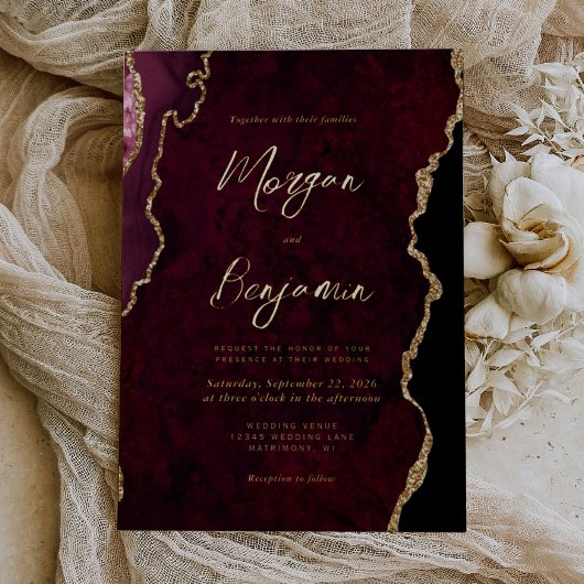 Invitation En Aluminium Mariage de script moderne Burgundy Red Agate