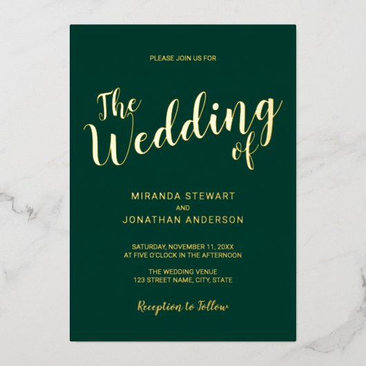 Invitation En Aluminium Mariage de script moderne Emerald and Gold (Recto)
