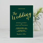 Invitation En Aluminium Mariage de script moderne Emerald and Gold (Debout devant)