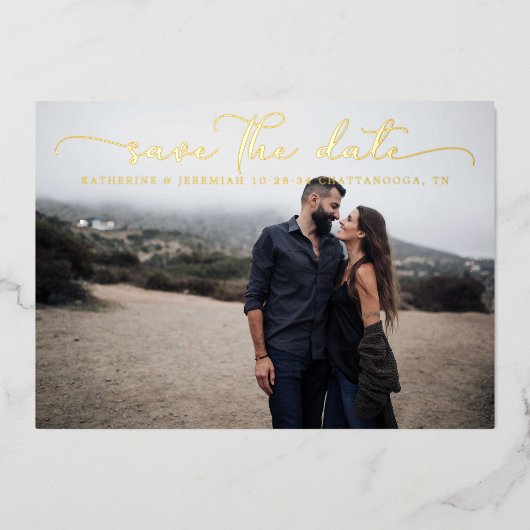 Invitation En Aluminium Mariage de script moderne Enregistrer la date (Recto)