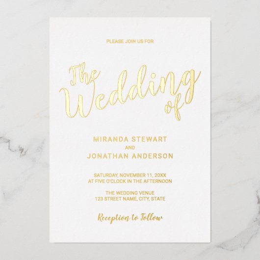 Invitation En Aluminium Mariage de script moderne or (Recto)