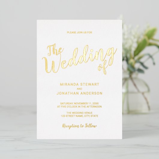 Invitation En Aluminium Mariage de script moderne or (Debout devant)
