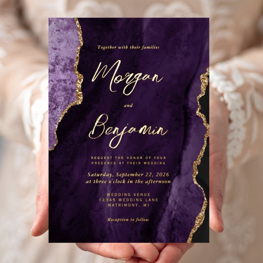 Invitation En Aluminium Mariage de script moderne violet Agate chic