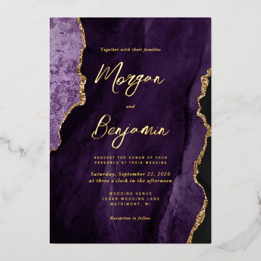 Invitation En Aluminium Mariage de script moderne violet Agate chic (Recto)
