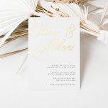 Invitation En Aluminium Mariage de script noir et or surdimensionné<br><div class="desc">Une belle faire-part de mariage typographique avec vos noms dans un script de feuille d'or surdimensionné en haut. Personnalisez avec vos détails de mariage dans les lettres serif classiques alignées en bas à droite. Notre colorway de cendres fait une déclaration classique avec du papier d'aluminium noir et riche sur un...</div>