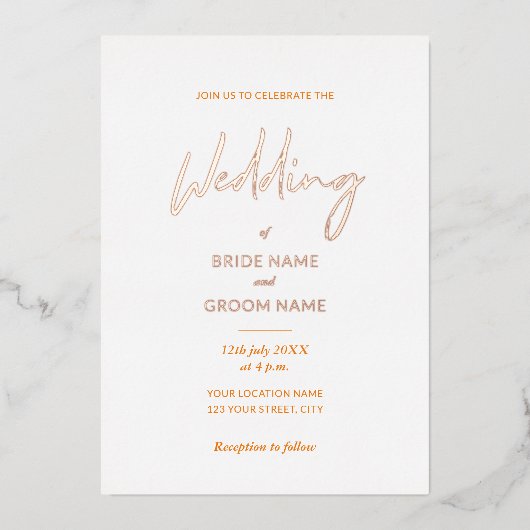 Invitation En Aluminium Mariage de script orange minimal (Recto)