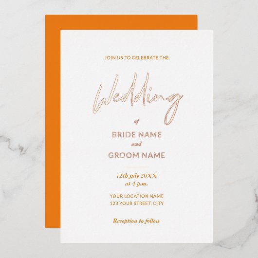 Invitation En Aluminium Mariage de script orange minimal (Recto/Verso)