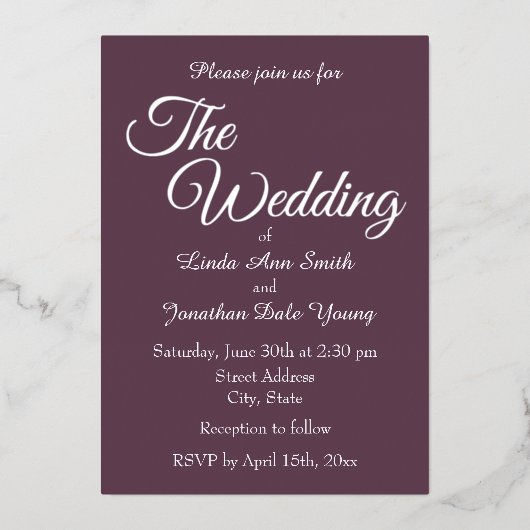 Invitation En Aluminium Mariage de style simple (Recto)