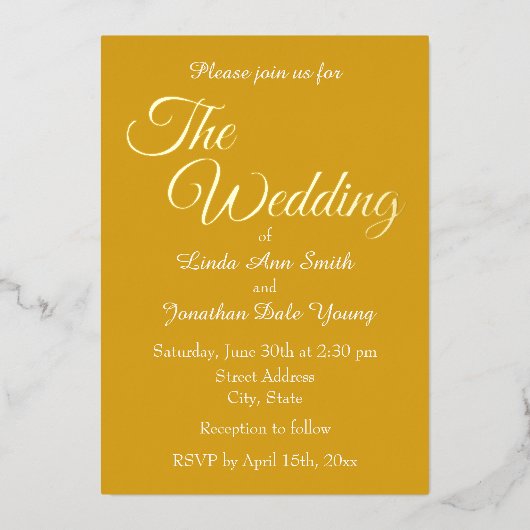 Invitation En Aluminium Mariage de style simple jaune doré (Recto)