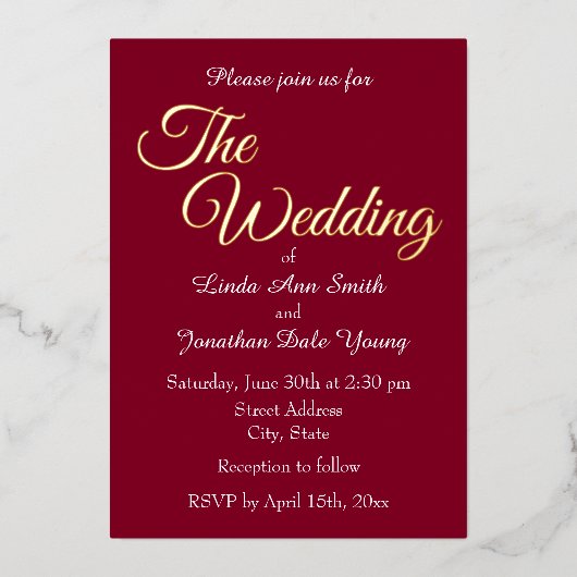 Invitation En Aluminium Mariage de style simple rouge canneberge (Recto)