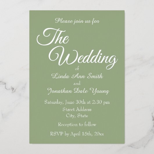 Invitation En Aluminium Mariage de style simple Sage Green (Recto)