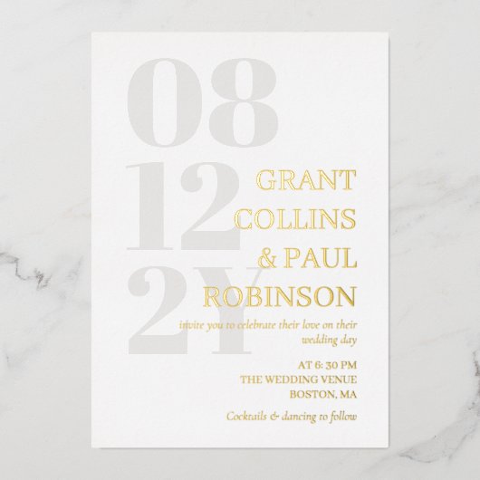 Invitation En Aluminium Mariage de typographie gris blanc et or (Recto)