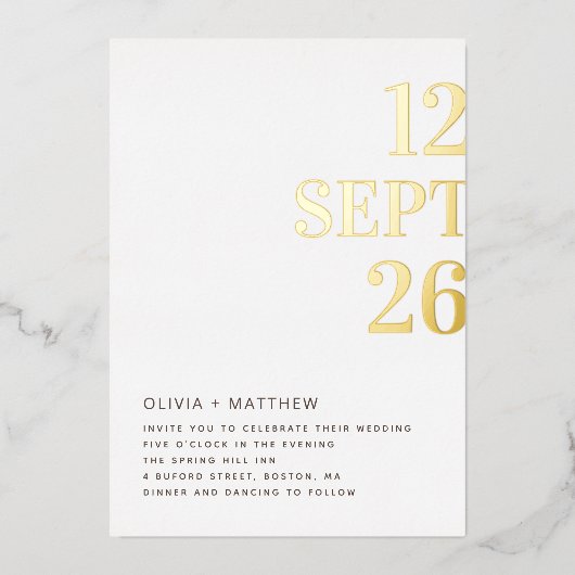 Invitation En Aluminium Mariage de typographie moderne or + détails (Recto)