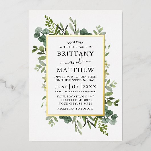 Invitation En Aluminium Mariage de verdure botanique à l'aquarelle or (Recto)