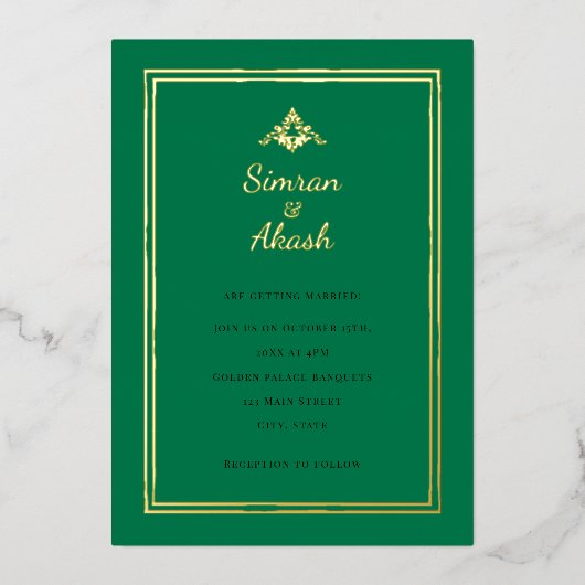 Invitation En Aluminium Mariage décoratif vert d'inspiration indienne (Recto)