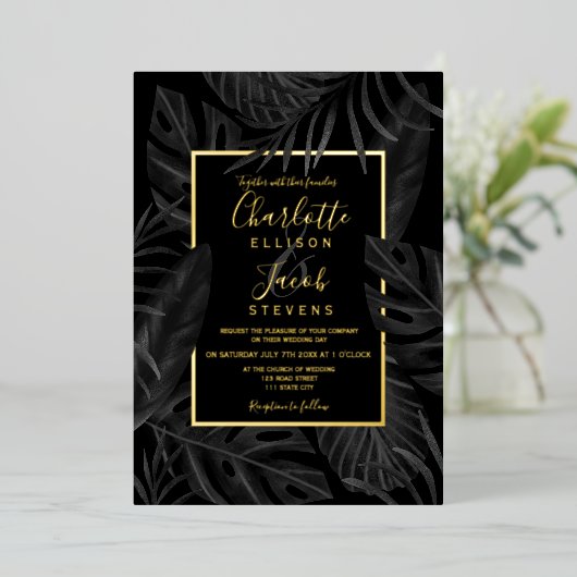 Invitation En Aluminium Mariage d'écriture d'or en aquarelle de feuille no (Debout devant)