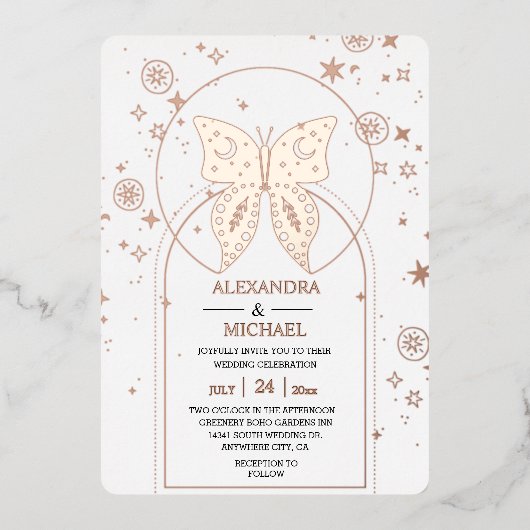 Invitation En Aluminium Mariage des étoiles célestes mystiques d'or noir (Recto)