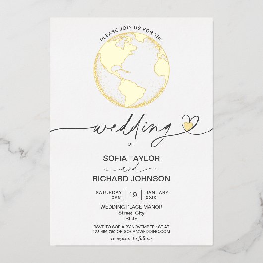 Invitation En Aluminium Mariage Destination World Map Typographie Gold Foi (Recto)