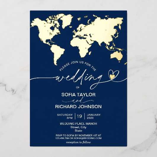 Invitation En Aluminium Mariage Destination World Map Typographie Gold Foi (Recto)
