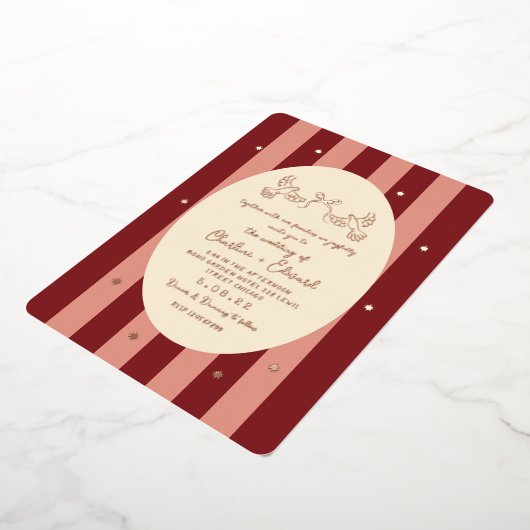 Invitation En Aluminium Mariage d'étoile rouge rose rayé or (Rotation)