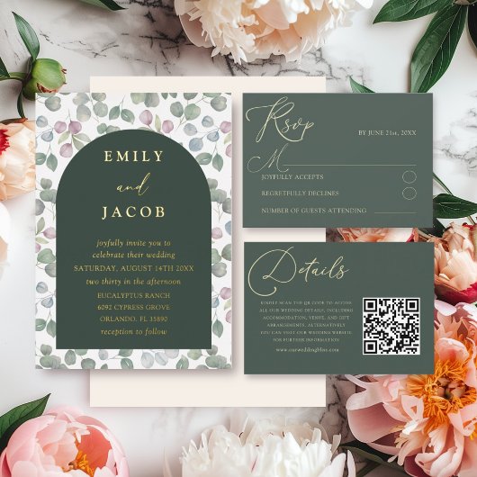 Invitation En Aluminium Mariage d'eucalyptus moderne vert foncé et or