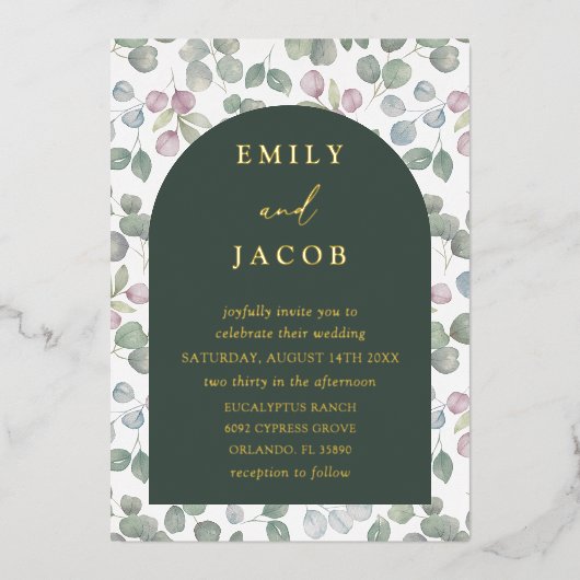 Invitation En Aluminium Mariage d'eucalyptus moderne vert foncé et or (Recto)