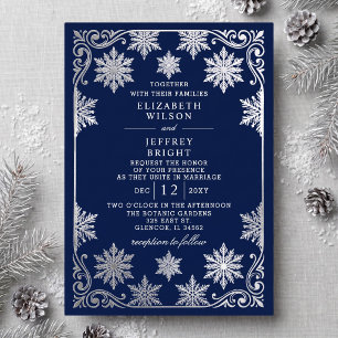 Invitation En Aluminium Mariage d'hiver aux flocons de neige Navy argentés