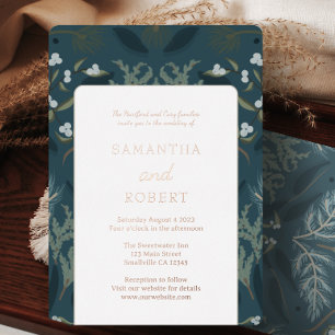 Invitation En Aluminium Mariage d'hiver blanc et botanique bleu marine