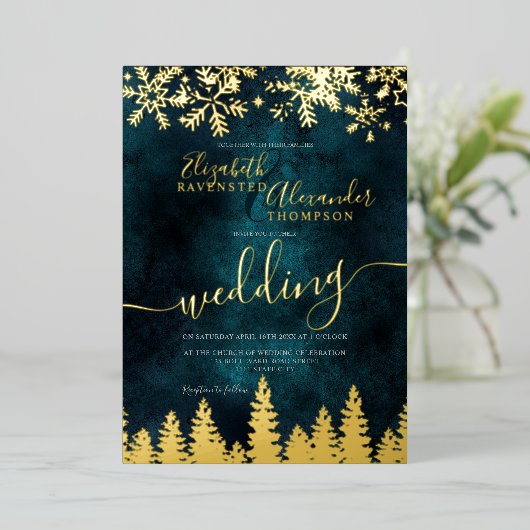 Invitation En Aluminium Mariage d'hiver en pin d'or (Debout devant)