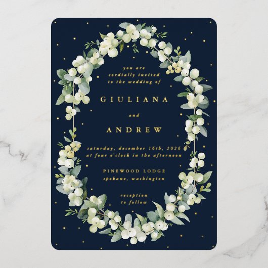 Invitation En Aluminium Mariage d'hiver Navy foncé Snowberry+Eucalyptus (Recto)