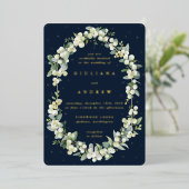 Invitation En Aluminium Mariage d'hiver Navy foncé Snowberry+Eucalyptus (Debout devant)