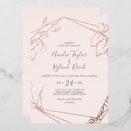 Invitation En Aluminium Mariage d'huile dorée Rose avant et arrière (Recto/Verso)