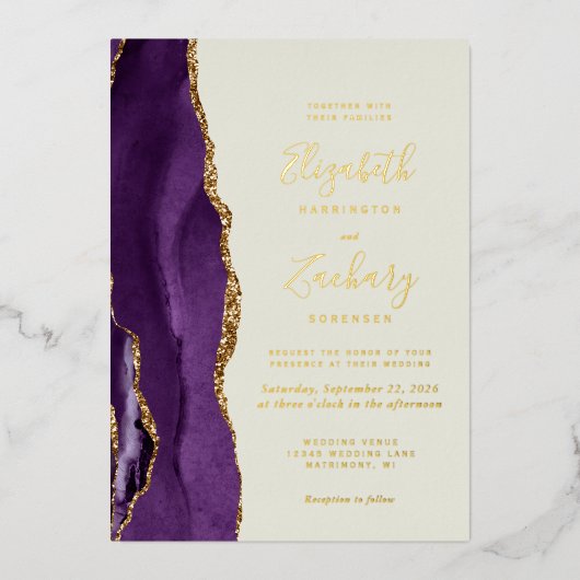 Invitation En Aluminium Mariage d'ivoire d'agate d'or violet moderne (Recto)