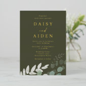 Invitation En Aluminium Mariage d'olive vert feuille d'or (Debout devant)