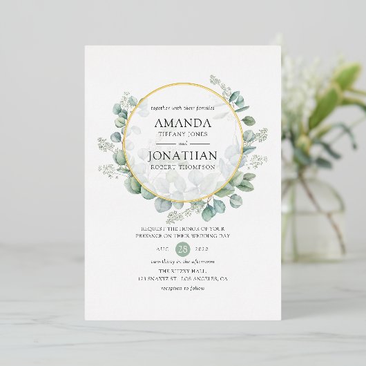 Invitation En Aluminium Mariage d'or géométrique Eucalyptus (Debout devant)