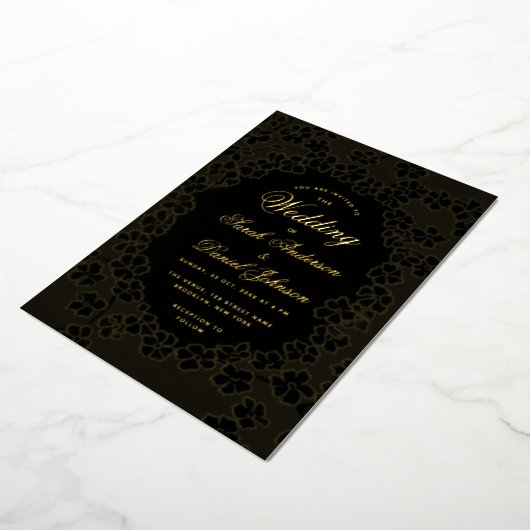 Invitation En Aluminium Mariage d'or noir cadre floral élégant Script (Rotation)