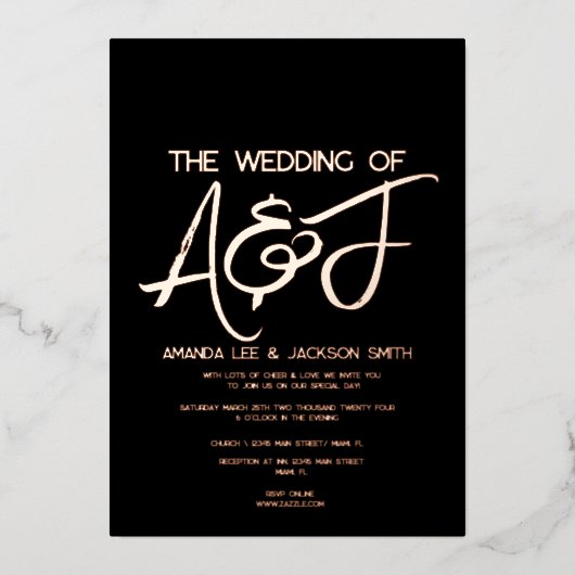 Invitation En Aluminium Mariage d'or noir et Rose moderne (Recto)