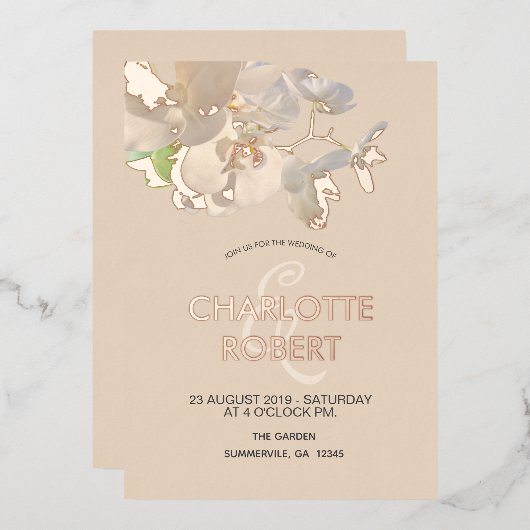 Invitation En Aluminium Mariage d'or Rose d'orchidées blanches tropicales (Recto/Verso)