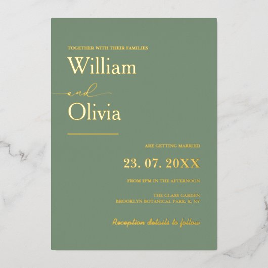 Invitation En Aluminium Mariage d'or Sage Green (Recto)