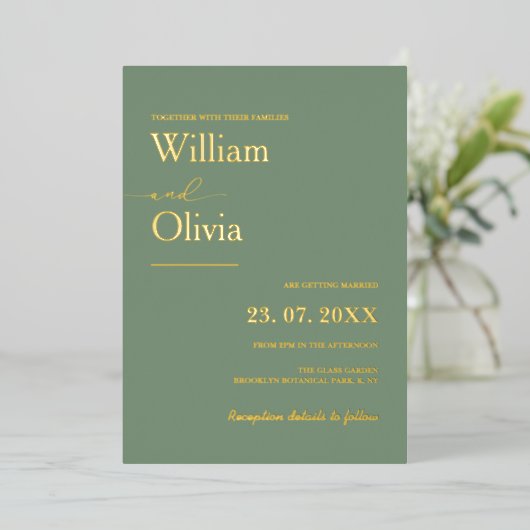 Invitation En Aluminium Mariage d'or Sage Green (Debout devant)
