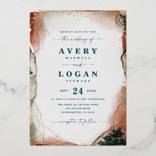 Invitation En Aluminium Mariage d'or Turquoise Abstrait moderne (Recto)