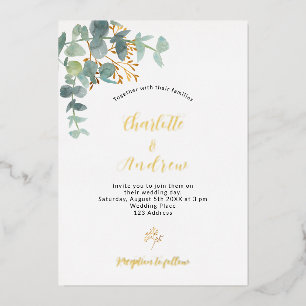 Invitation En Aluminium Mariage doré à la verdure d'eucalyptus