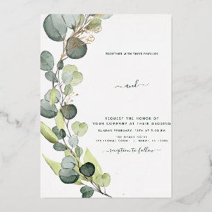 Invitation En Aluminium Mariage doré à la verdure d'eucalyptus 